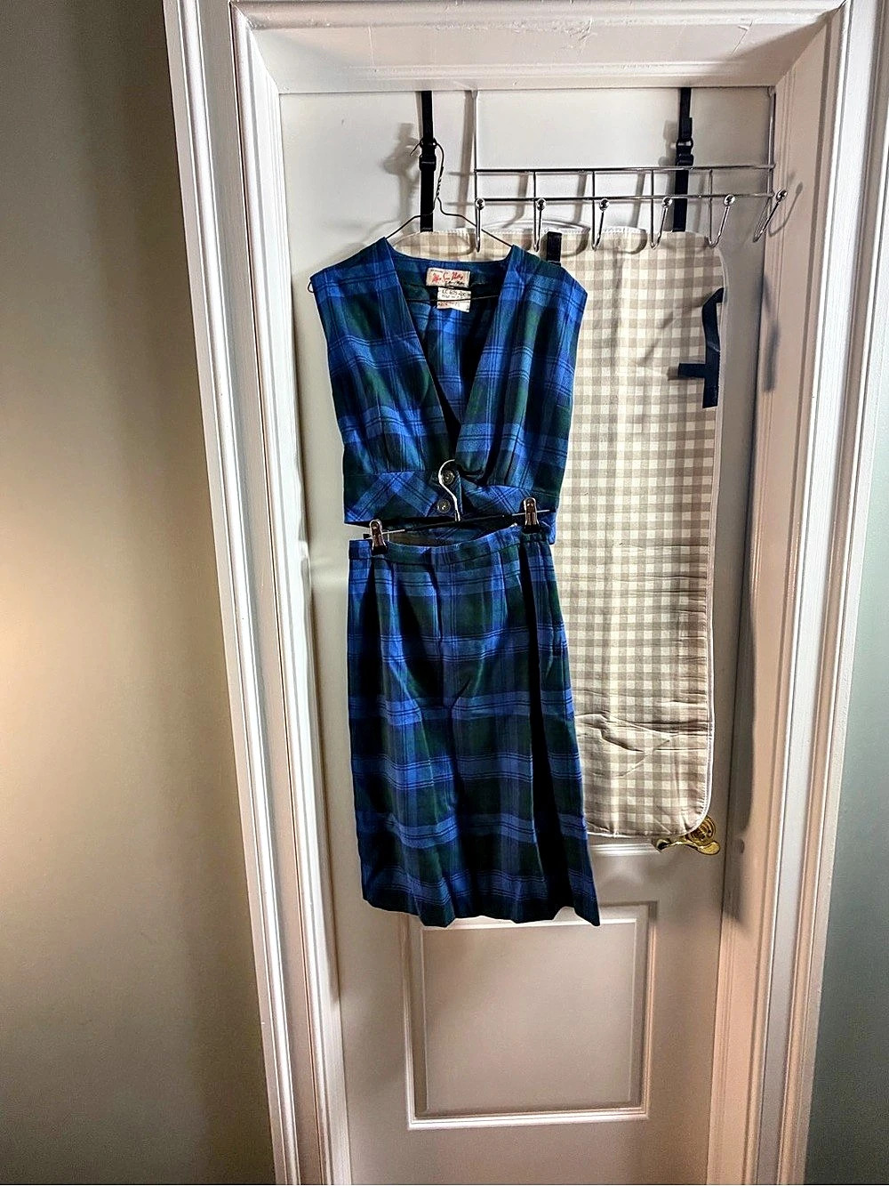 Vintage 1960s Miss Sun Valley Blue Green Plaid Vest & Skirt Set